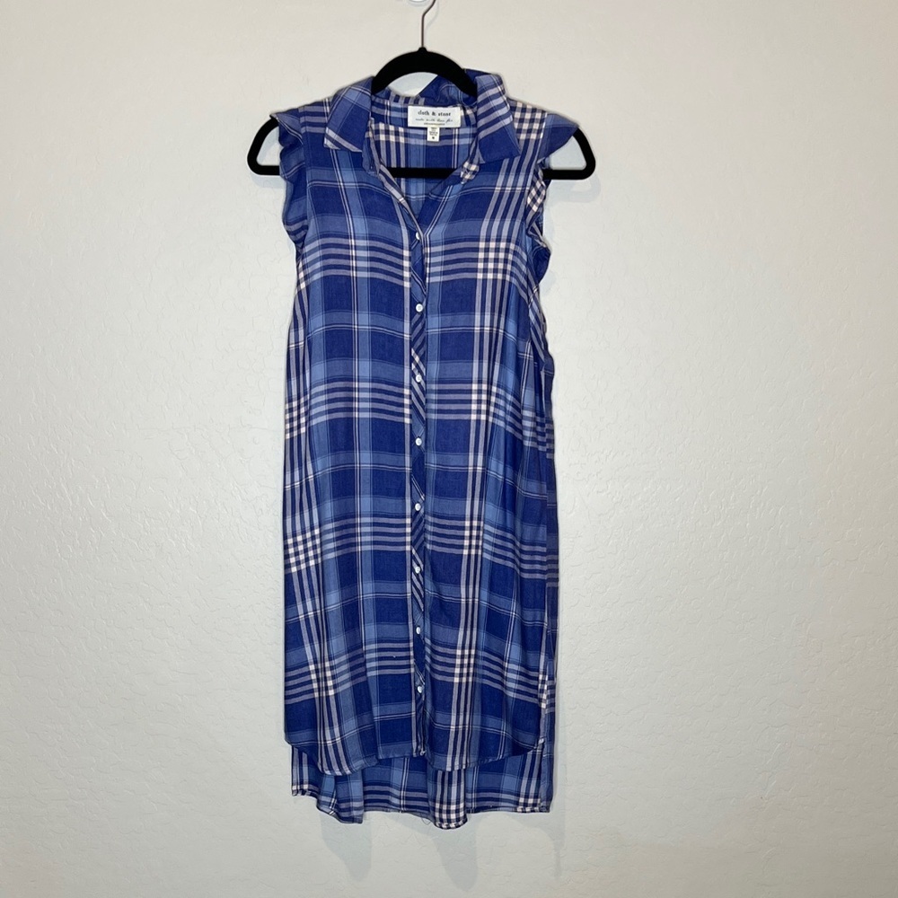Anthropologie Cloth & Stone Plaid Shirt Dress Blue  Button Down size Medium